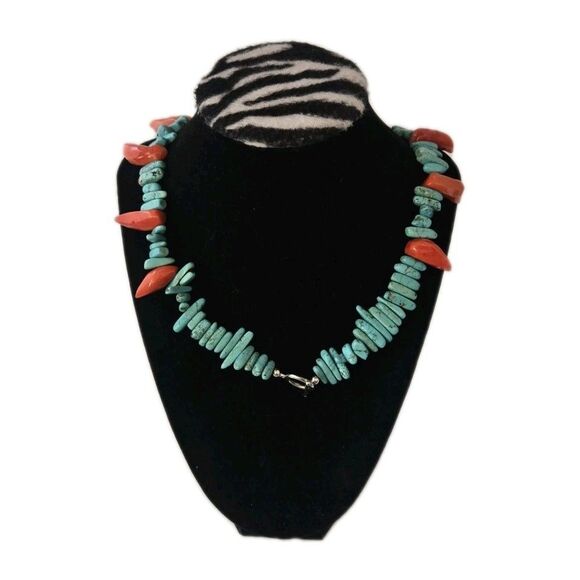 Vintage Southwestern Style Sterling Silver Turquoise & Coral Statement Necklace - Picture 4 of 5